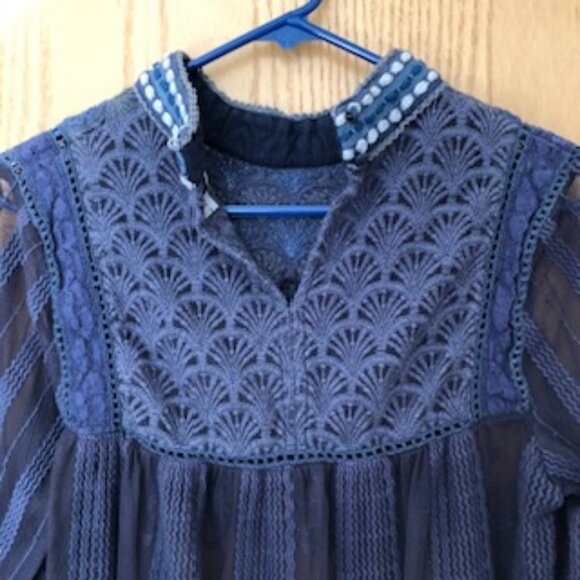 Anthropologie Blank London Boho Dark Blue Textured Collared Sheer Blouse Small - Picture 1 of 9
